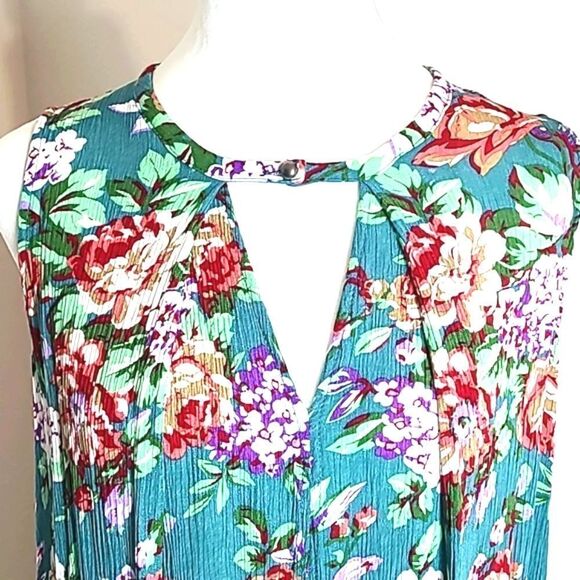 Umgee Mini-Dress Teal Orange/White Flowers, 1 Button Neckline & Loophole, Small - Picture 3 of 9